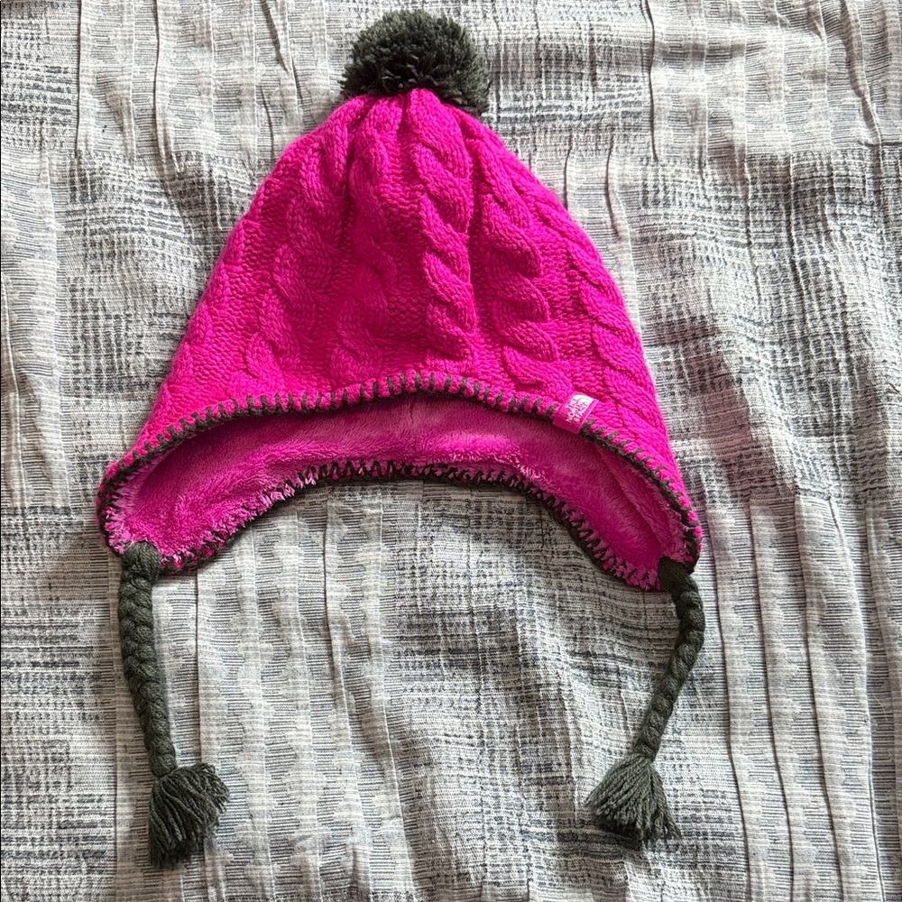 The North Face Fuchsia and Charcoal Peruvian Style Cable Knit Hat Ear Flaps